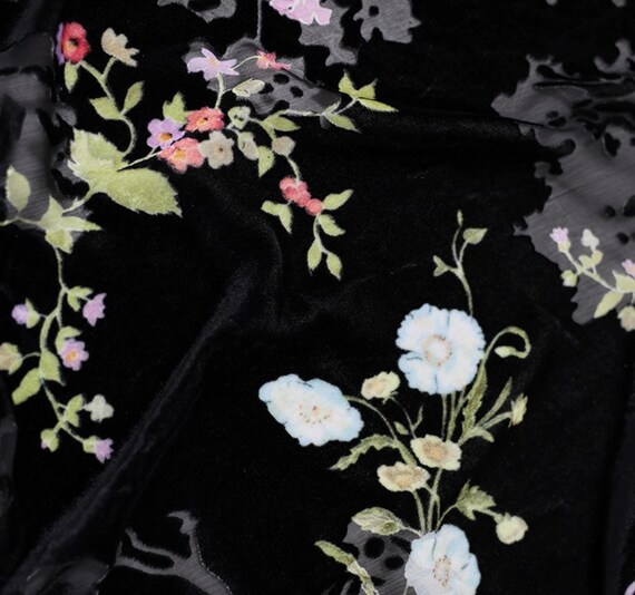 Flowers velvet silk fabric by the yard