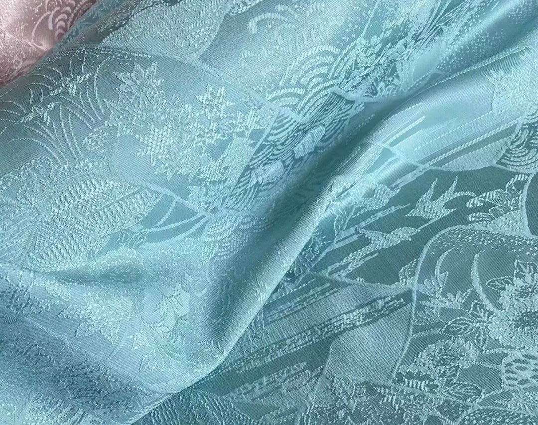 Jacquard Embossed Silk Fabric by the Yard in Blue Etsy