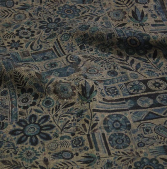 Print floral linen fabric by the yard