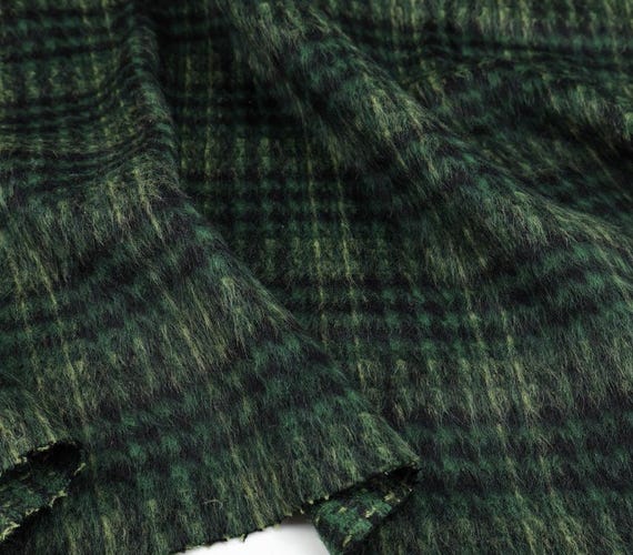 Plaid Alpaca Wool Fabric, Green Woven Fabric By The Yard