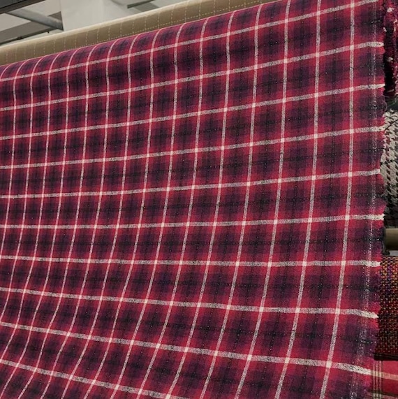 Plaid wool fabric by the yard with metallic thread