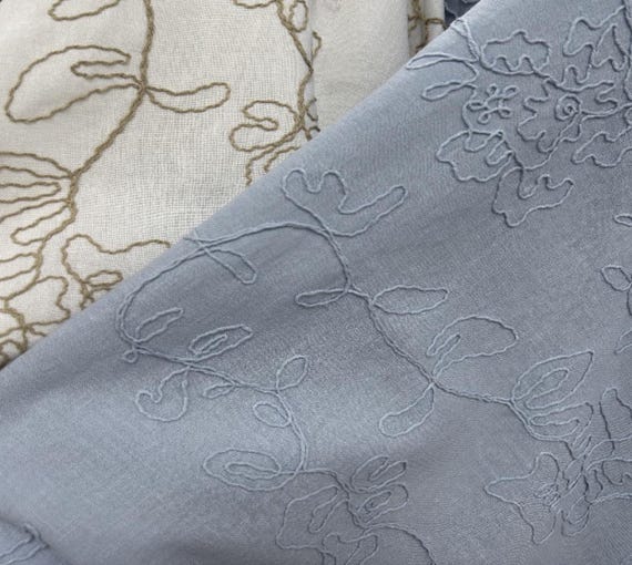 Grayish Blue Embroidery linen cotton fabric by the yard