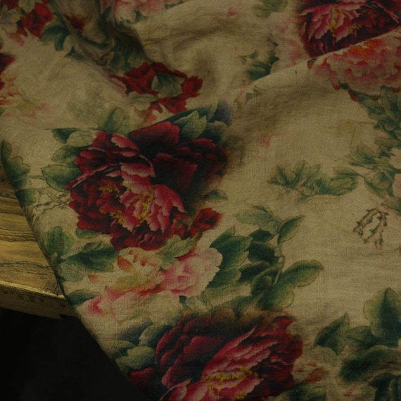 Print floral linen fabric by the yard