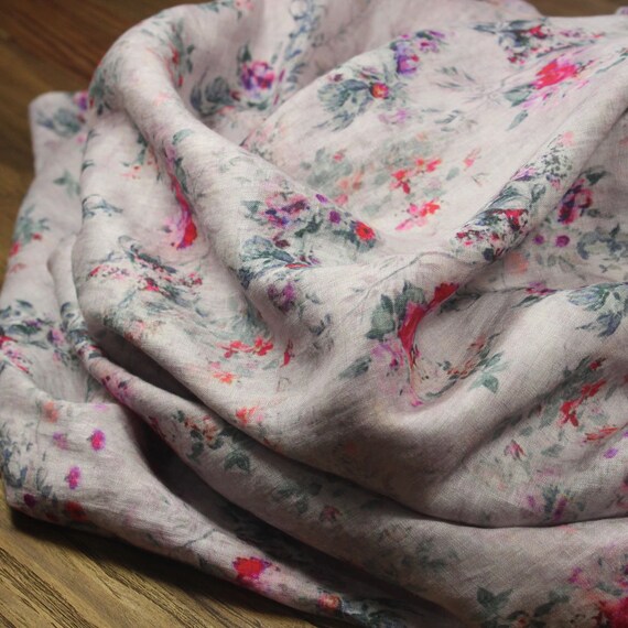 Print floral linen fabric by the yard