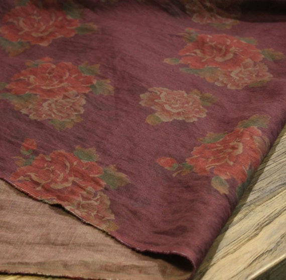 Print floral linen fabric by the yard