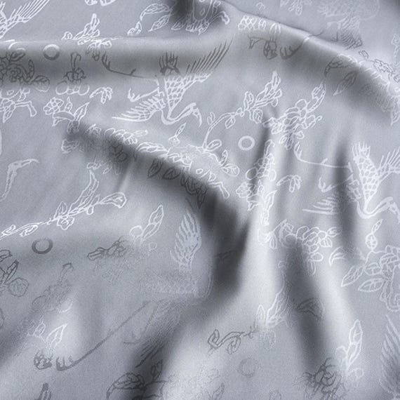 Silver Gray Crane Jacquard silk fabric by the yard