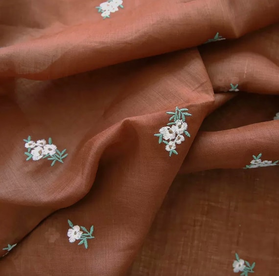 Floral Embroidery fabric, Embroidered ramie fabric by the yard