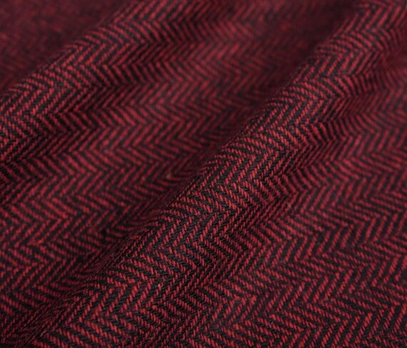 Red and Black Herringbone wool fabric by the yard