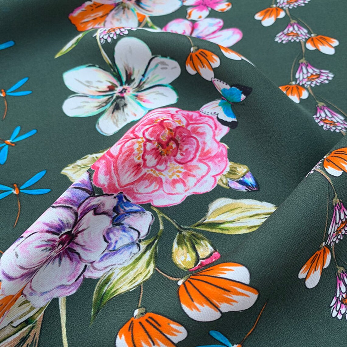 Print floral double silk fabric by the yard Etsy