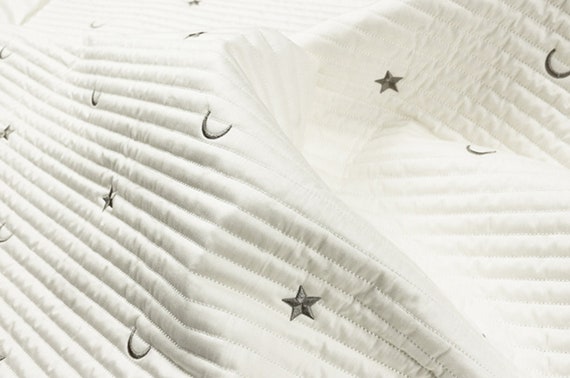 Moon Star Embroidered quilted fabric, embroidery padded fabric by the yard