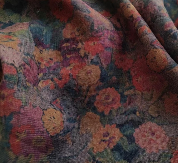 Print floral linen fabric by the yard