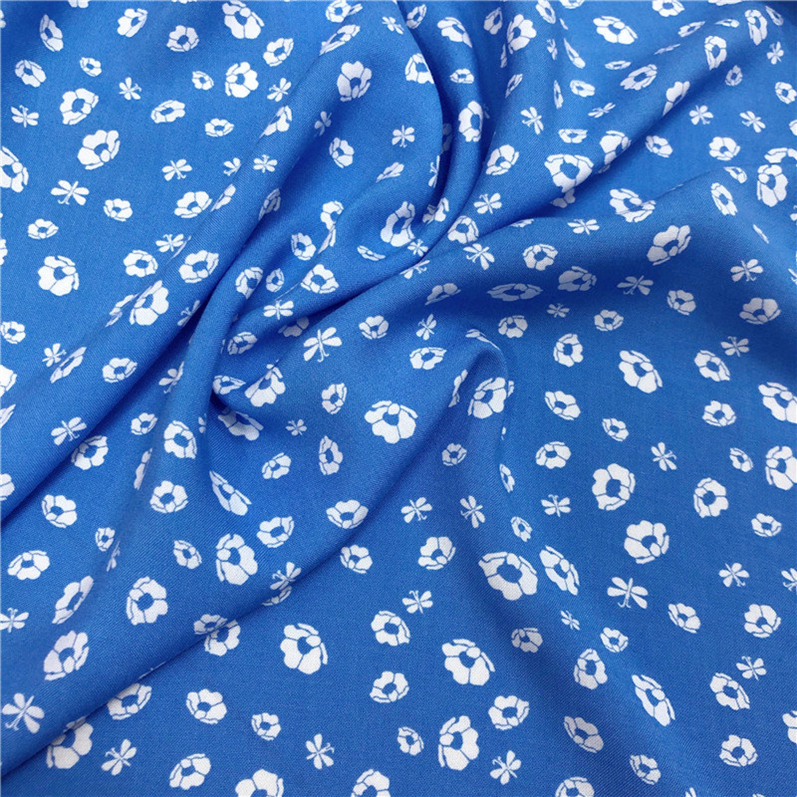 Blue Print floral viscose fabric by the yard Etsy