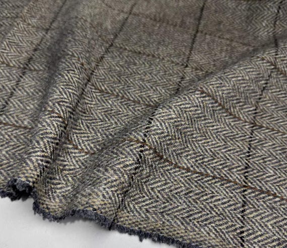 Plaid Herringbone Wool fabric by the yard