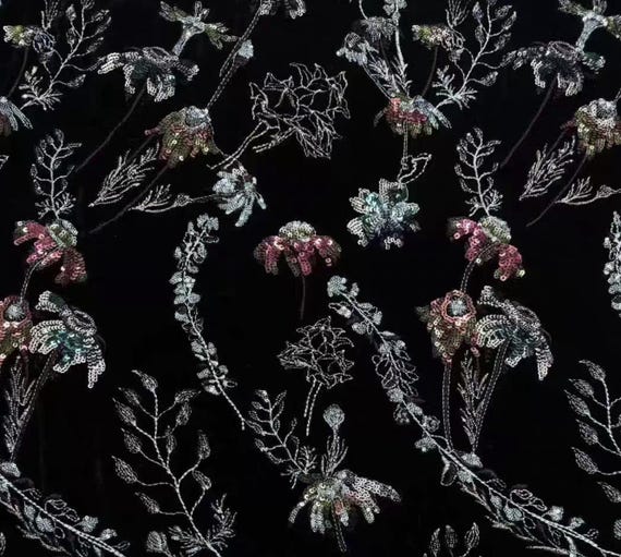 Sequin Beaded Embroidery velvet silk fabric by the yard