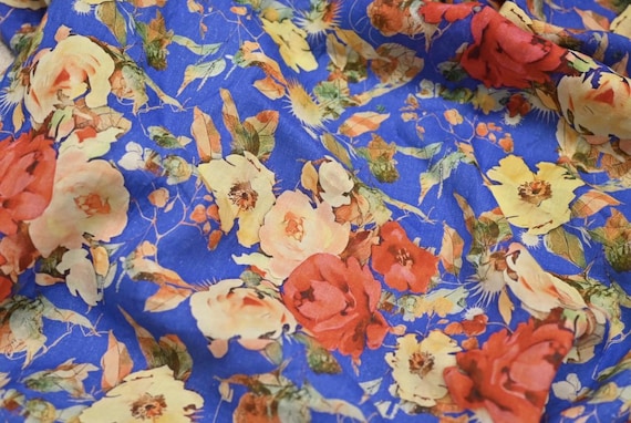 Print floral linen fabric by the yard