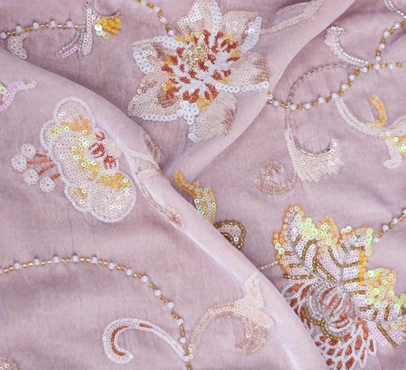 Beaded Embroidery Silk velvet fabric, Embroidered Fabric by the yard