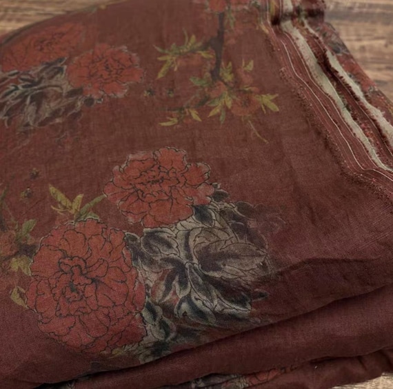 Print floral linen fabric by the yard