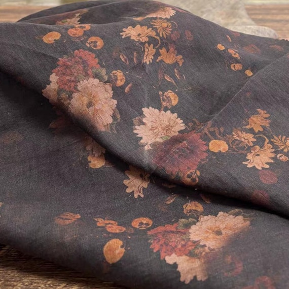 Print floral linen fabric by the yard