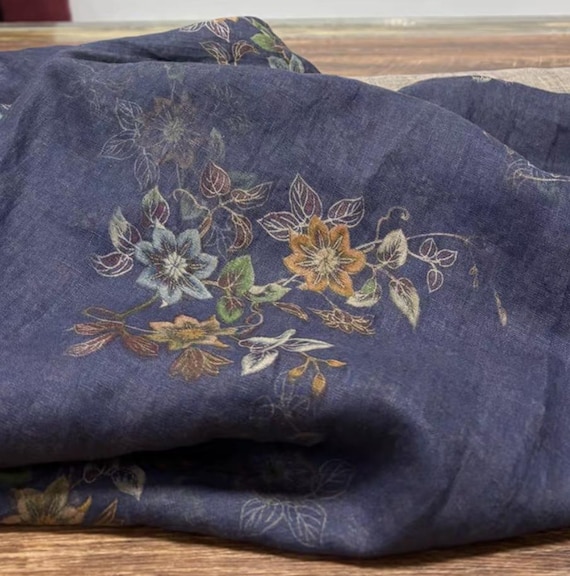 Print floral linen fabric by the yard