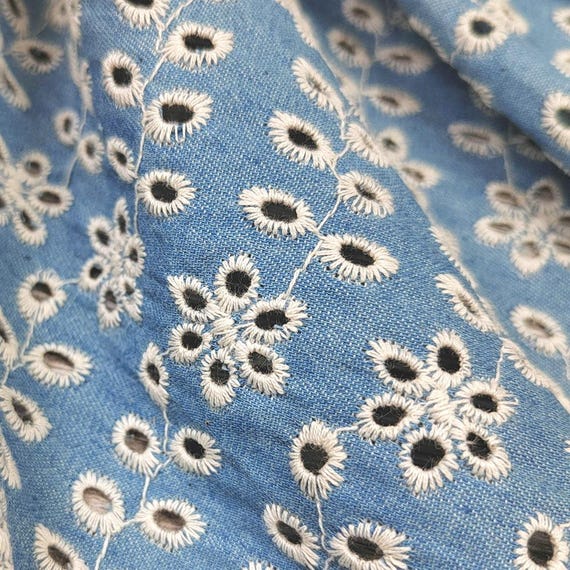 Denim Cotton Embroidery fabric, Flowers Embroidery Fabric, Cutout fabric Sold by Meter