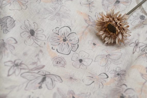 Print floral linen fabric by the yard