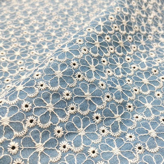 Denim Cotton Embroidery fabric, Flowers Embroidery Fabric, Cutout fabric Sold by Meter