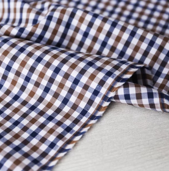 Plaid cotton fabric by the yard dark blue, brown and white checks