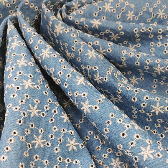 Denim Cotton Embroidery fabric, Flowers Embroidery Fabric, Cutout fabric Sold by Meter