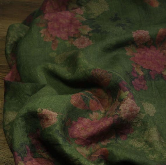 Print floral linen fabric by the yard