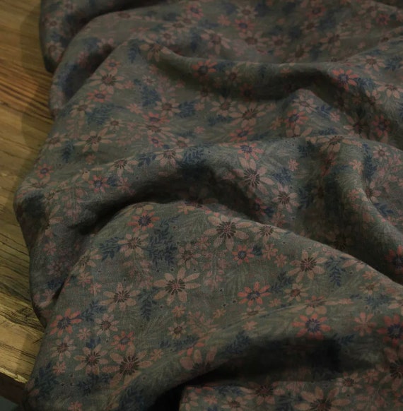 Print floral linen fabric by the yard