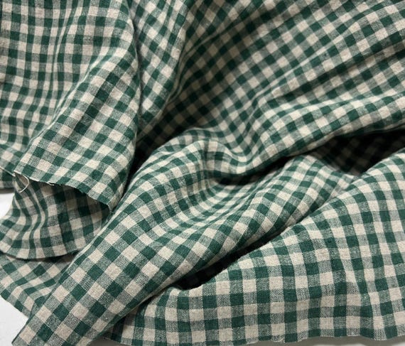 Green Plaid linen fabric by the yard