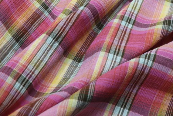 Plaid linen cotton fabric by the yard