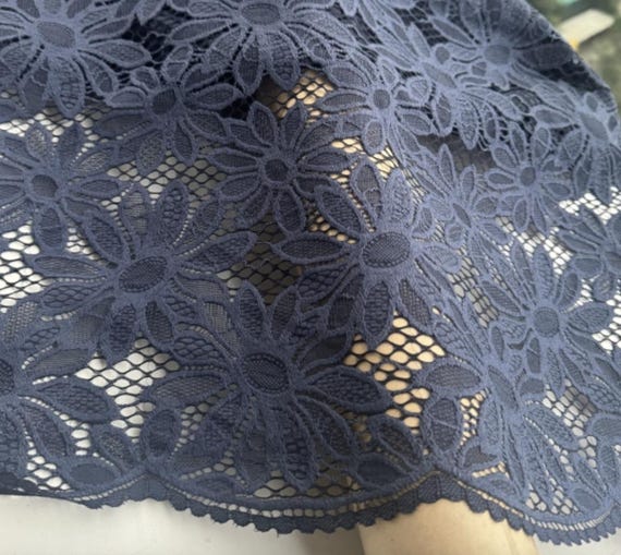 Navy Embroidery flowers lace fabric by the yard