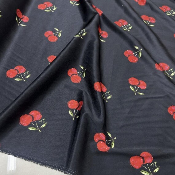 Herringbone cherry print silk fabric, Jacquard silk fabric by the yard