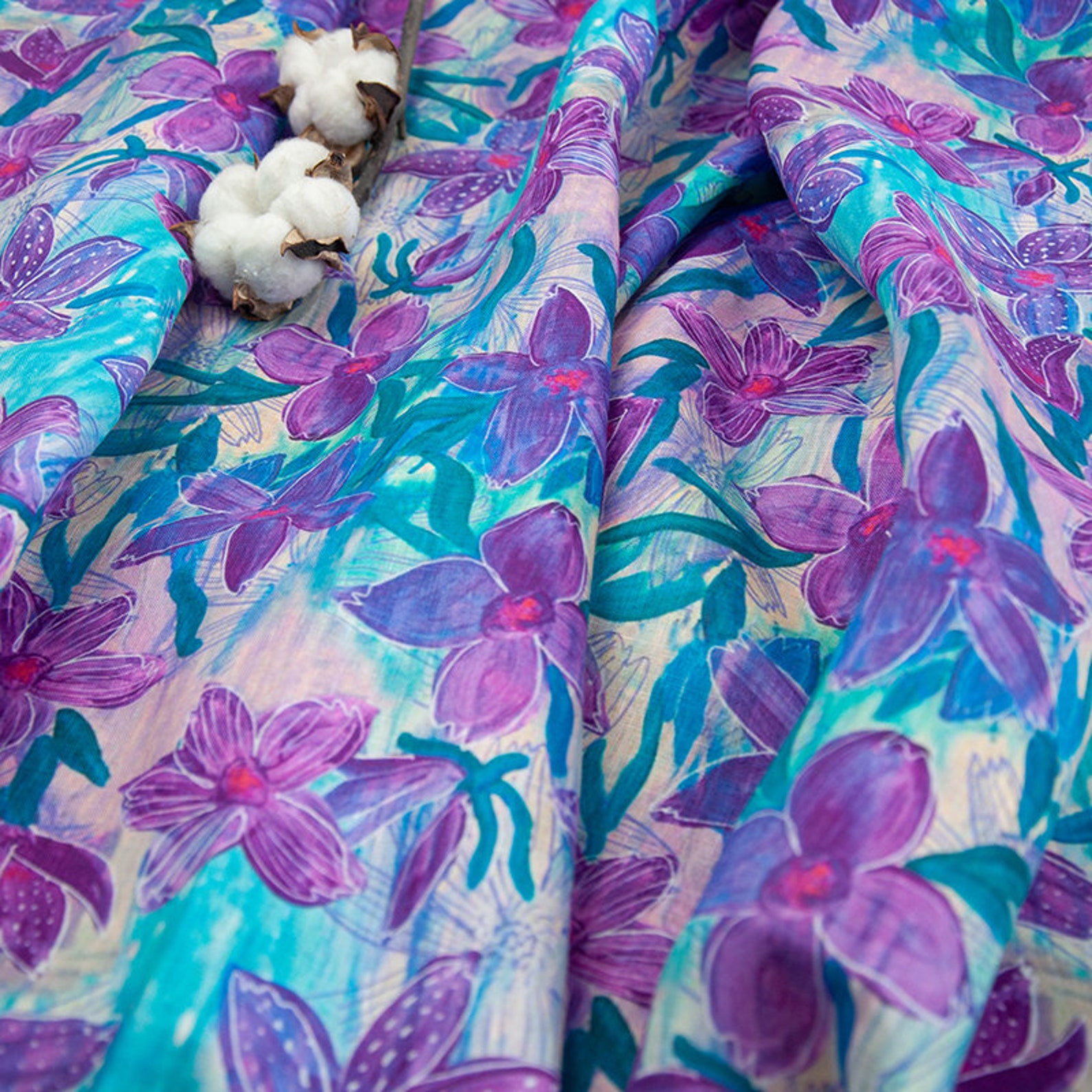 Print floral linen fabric by the yard Etsy