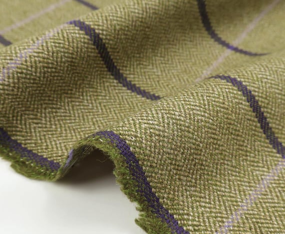 Herringbone plaid wool fabric by the yard
