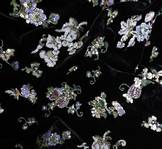 Beaded Embroidery Silk velvet fabric, Embroidered Fabric by the yard