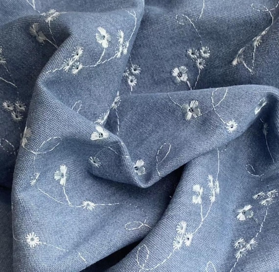 Embroidery denim linen cotton fabric by the yard