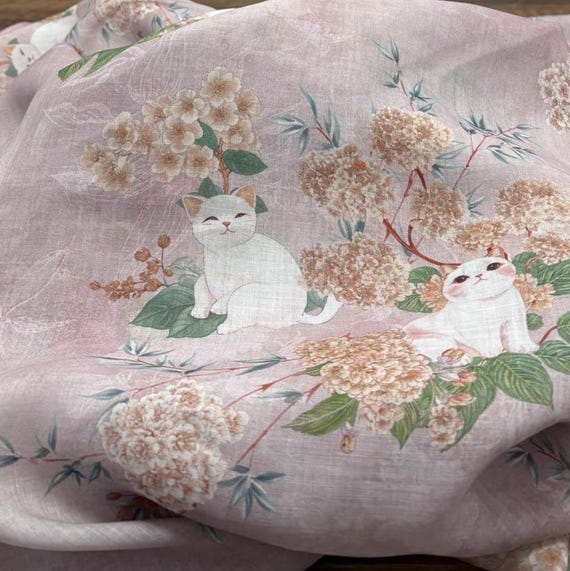 Cats Flowers Print ramie fabric by the yard