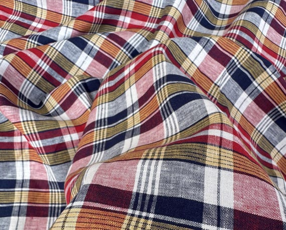 Plaid linen fabric, Grid linen fabric, Gingham linen fabric, Checkered linen fabric by the yard