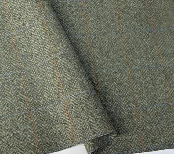 Plaid Herringbone Wool fabric by the yard