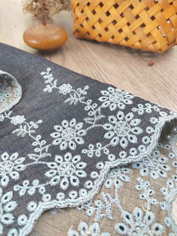 Denim Cotton Embroidery fabric, Flowers Embroidery Fabric, Cutout fabric Sold by Meter