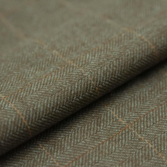 Plaid Herringbone Wool fabric by the yard