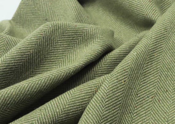 Green Herringbone wool fabric by the yard