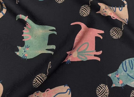 Cats Jacquard Print Gambiered silk fabric by the yard