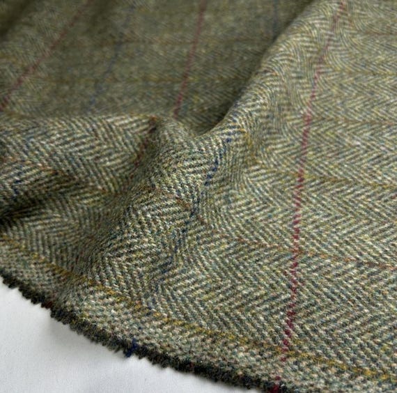 Plaid Herringbone Wool fabric by the yard
