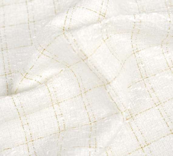 Cream White Plaid Tweed fabric by the yard