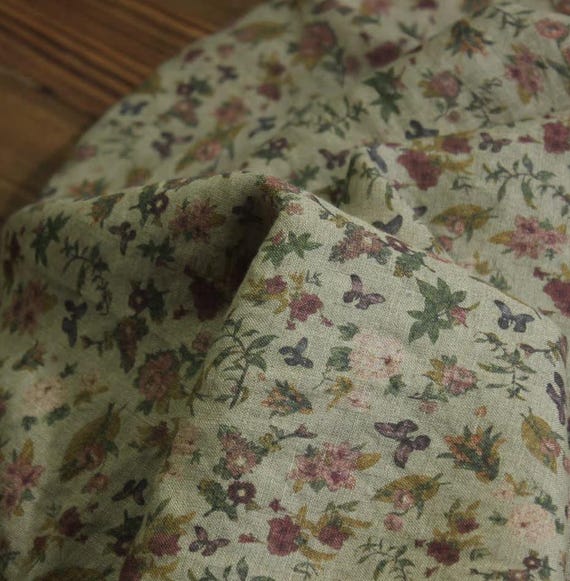 Print floral linen fabric by the yard