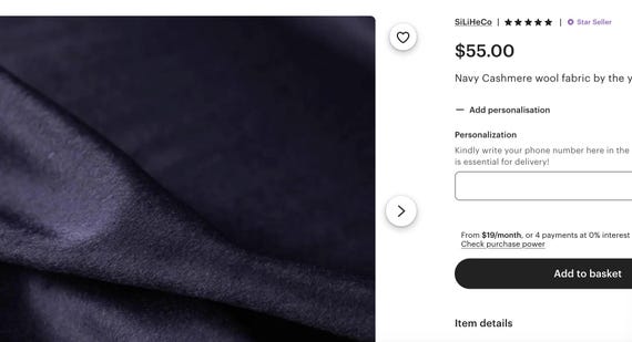 1.3m Navy Cashmere wool fabric by the yard