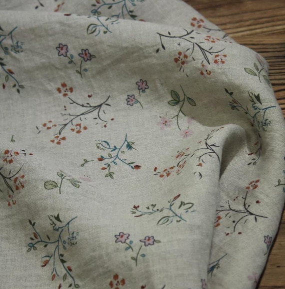 Print floral linen fabric by the yard